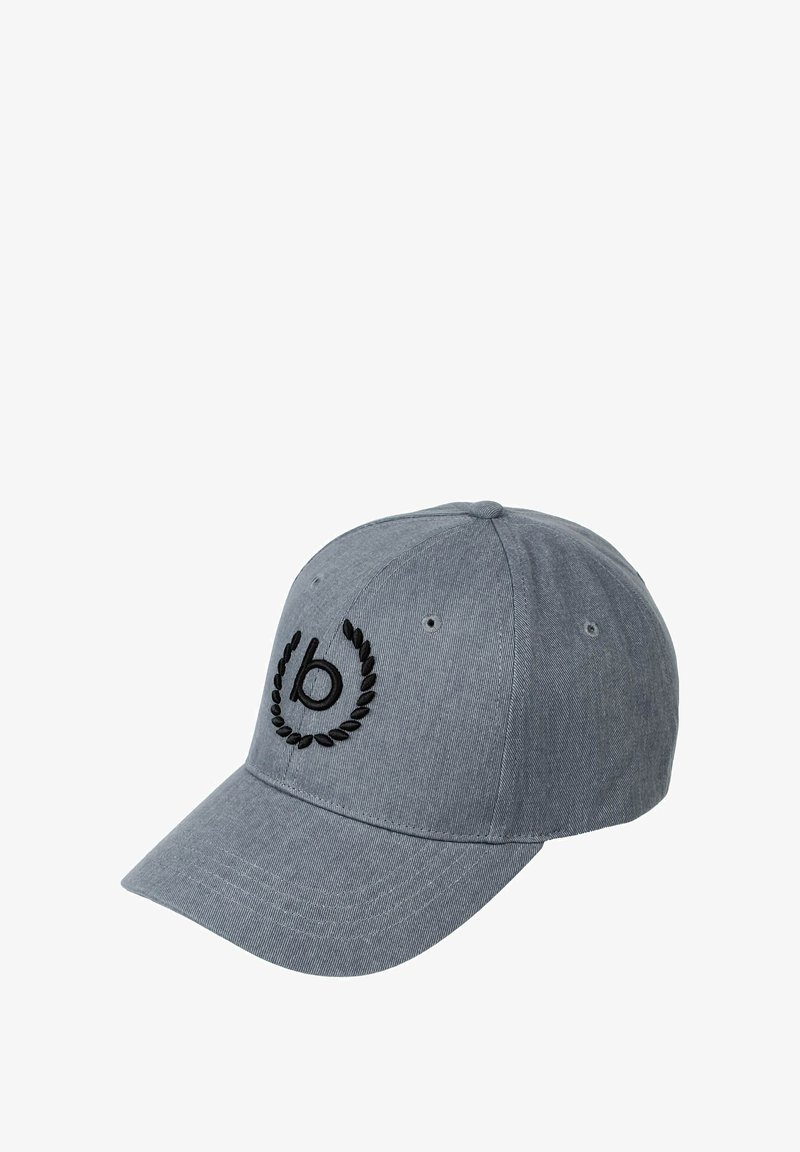 Căciulă de baseball gri, confecționată dintr-un material țesut. Are o coroană rotundă, o vizieră rigidă și un logo brodat negru cu un design de laur pe partea din față.