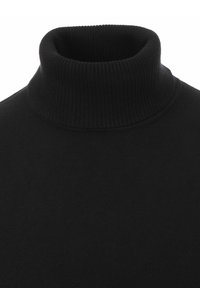 Schwarzer Rollkragenpullover mit gerippter Textur und hohem Ausschnitt, aus einem glatten, dehnbarem Stoff gefertigt. Keine sichtbaren Muster oder Akzente.