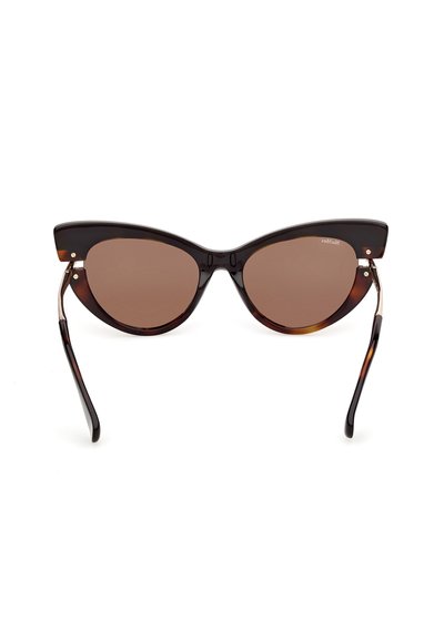 Lunettes de soleil œil de chat marron avec monture écaille de tortue et accents dorés sur les branches, vues de face sur un fond blanc.