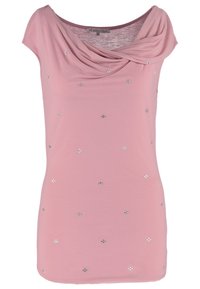 Top rose à manches courtes avec encolure drapée et petits clous argentés éparpillés, taille 38, étiquette de marque visible à l’intérieur du col.