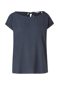 Blouse bleu foncé à manches courtes avec un col rond et un petit détail de nœud au niveau du col arrière.