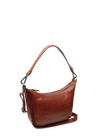 Borsa a spalla in pelle marrone con una singola tracolla regolabile, texture liscia, forma curvata, apertura con cerniera e discreto dettaglio in logo impresso.