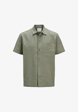 Korte mouwen overhemd met knopen in olijfgroen, met een gestructureerd oppervlak en subtiele patronen, een borstzak en grijze knopen.