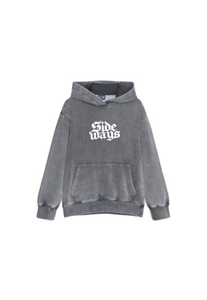 Felpa grigia con cappuccio, tasca frontale e testo bianco in stile gotico "Side ways" sul petto.