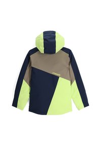 Grüne, marineblaue und braune Skijacke mit gefütterter Kapuze; geometrisches Farbblocking; glattes, wasserabweisendes Material; Logo auf dem Rücken.