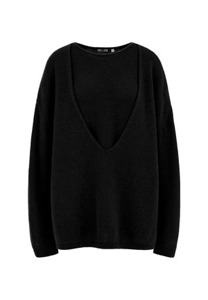 Pull en maille noir avec un décolleté en V profond, des manches longues et une coupe décontractée. Fabriqué en tissu doux, il présente des détails côtelés aux poignets.
