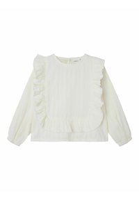 Camisa blanca de manga larga con cuello redondo, que presenta un diseño de volantes en el escote y las mangas, tela texturada y un corte holgado.