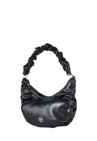 Borsa a mano in ecopelle nera con manico arricciato, forma arrotondata, dettaglio del logo in oro e chiusura con zip per una conservazione sicura.