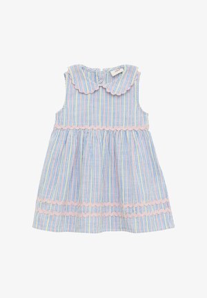 Gestreiftes ärmelloses Kleid in Blau, Pink und Gelb, mit einem gewellten Kragen und pinkem Rüschenrand. Aus Baumwollmaterial, mit gesammeltem Taillenteil.