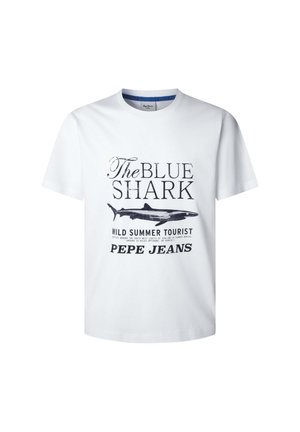 Balta medvilnės marškinėliai su grafiniu piešiniu, kuriame užrašas "MĖLYNAS AISDAS" ir ryklių iliustracija. Prekės ženklas: Pepe Jeans.