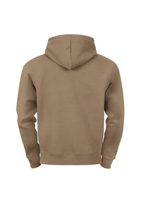 Hooded sweatshirt in beige with a soft texture. Features long sleeves, kangaroo pocket, and ribbed cuffs and hem. Back view displayed.