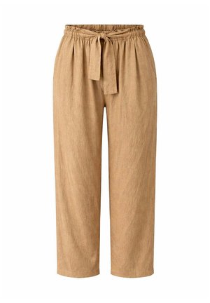 Pantaloni marrone chiaro a gamba larga con vita elastica e cintura in tessuto, realizzati in materiale morbido e texturizzato.
