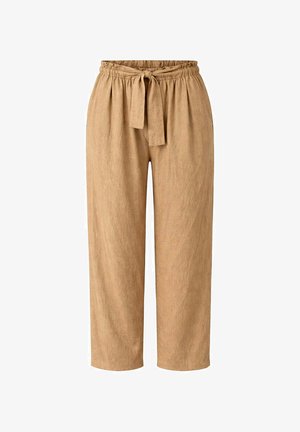Pantaloni marrone chiaro a gamba larga con vita elastica e cintura in tessuto, realizzati in materiale morbido e texturizzato.