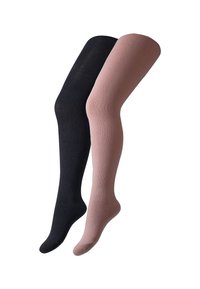 Deux paires de chaussettes montantes : l'une en noir avec une texture côtelée, l'autre en rose clair avec une finition lisse.