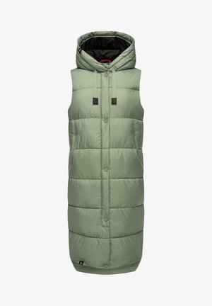 Padded vest in light green, featuring a hood, front buttons, and side pockets, with a smooth, shiny texture and horizontal quilted pattern.