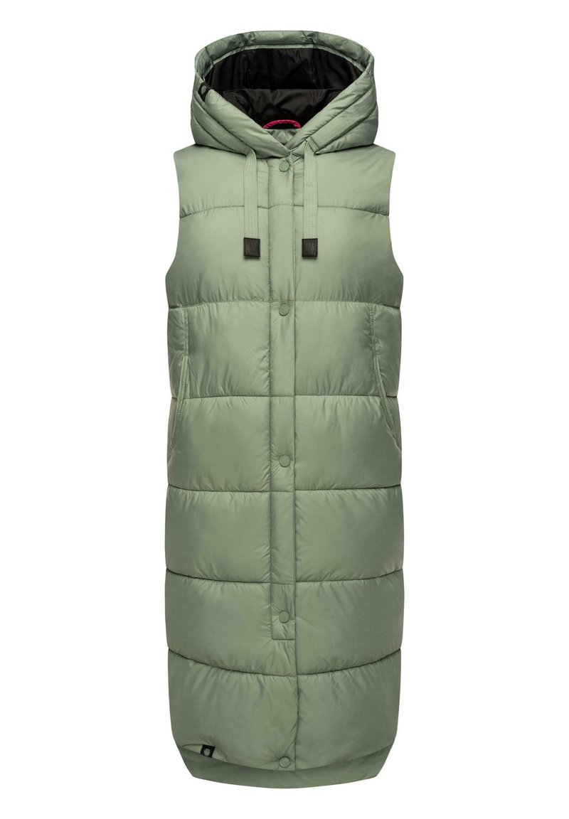 Kergelt roheline polsterdatud vest, millel on kapuuts, esituksed ja küljetaskud, siledat ja läikivat tekstuuri ning horisontaalsed õmblused.