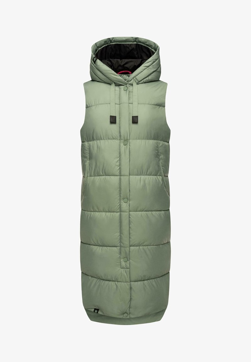 Kergelt roheline polsterdatud vest, millel on kapuuts, esituksed ja küljetaskud, siledat ja läikivat tekstuuri ning horisontaalsed õmblused.