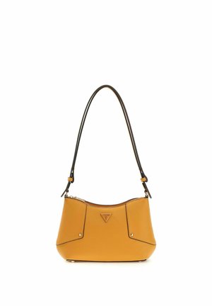 Sac à main en cuir jaune moutarde avec une bandoulière noire réglable et un logo triangulaire de la marque au centre avant.