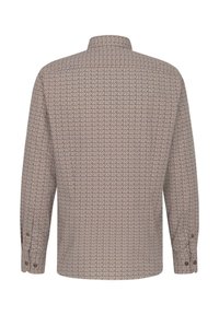 Long-sleeve shirt in a beige fabric with a geometric pattern in purple and blue. Features a stand collar and buttoned cuffs.
