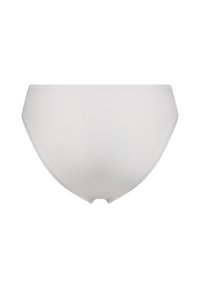 Hvide bomuldsunderbukser med en glat tekstur, mellemhøj design og elastisk talje. Ingen synlige sømme eller mønstre. Enkel og minimalistisk stil.