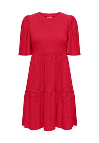 Robe rouge à manches courtes avec col rond et motif œillet chevron, comportant une jupe à volants froncée.
