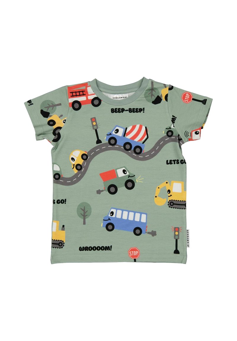 Lyhythihainen vihreä puuvillapaita, jossa on erikokoisia ajoneuvoprinttejä, liikennevaloja ja leikkisiä tekstejä kirkkaita värejä.