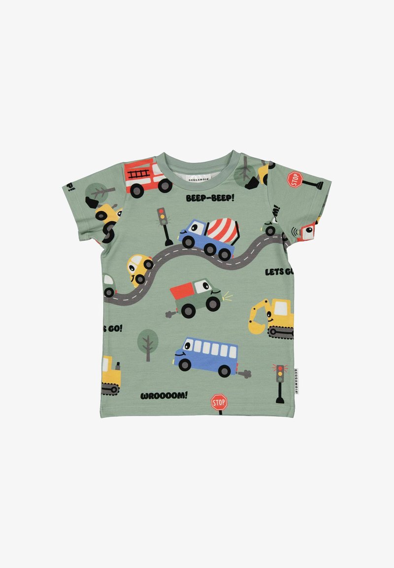 Kortærmet grøn bomulds t-shirt med forskellige biltryk, trafiksignaler og legende tekst i lyse farver.