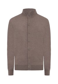 Brun strikket cardigan med høj krave, fuld knaplukning og ribbede manchetter. Lavet af blødt materiale med en glat tekstur.