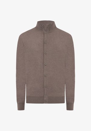 Cardigan en tricot marron avec un col haut, fermeture à boutons sur toute la longueur et poignets côtelés. Fabriqué en matériau doux avec une texture lisse.