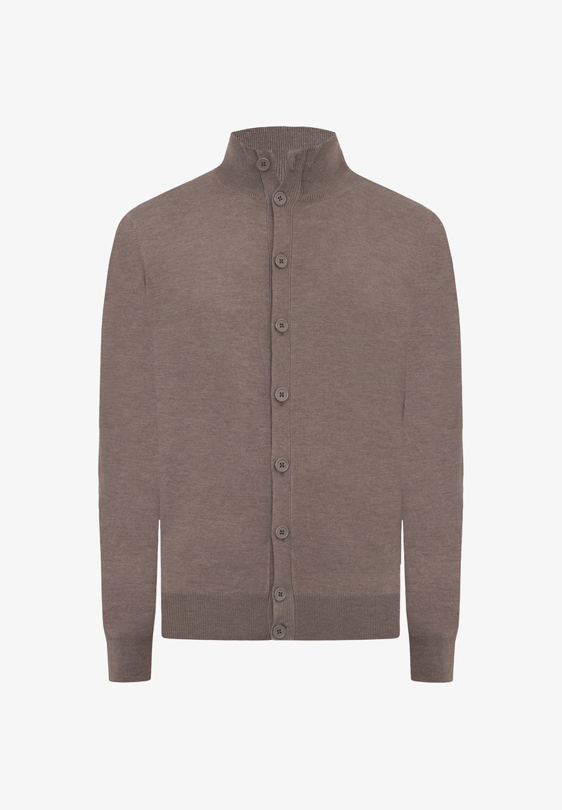 Cardigan tricotat maro cu guler înalt, închidere completă cu butoane și manșete cu model ondulat. Fabricat dintr-un material moale, cu o textură netedă.