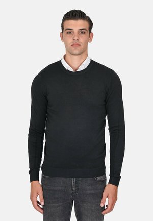 Maglione nero a maniche lunghe con scollo rotondo, realizzato in un tessuto a maglia liscia, con polsini e orlo a coste, indossato sopra una camicia bianca con colletto.