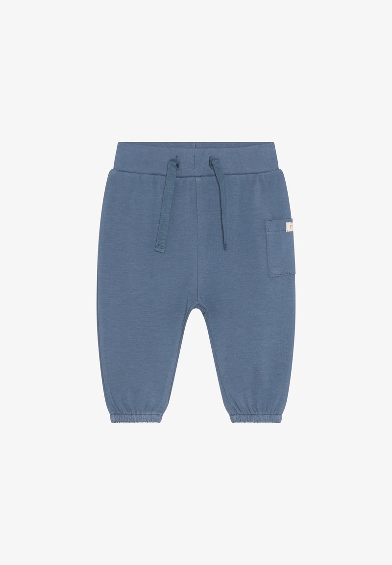 Blaue Joggerhosen aus Baumwolle mit elastischem Bund, verstellbarem Kordelzug und seitlicher Tasche. Bündchen am Saum für eine schmal zulaufende Passform.