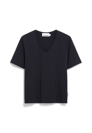 Black V-neck t-shirt made of soft cotton, featuring short sleeves and a relaxed fit. Includes a logo tag on the lower side seam.