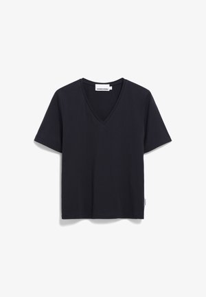 Zwarte V-hals t-shirt van zachte katoen, met korte mouwen en een ontspannen pasvorm. Bevat een logo-label aan de onderzijde van de zijnaad.