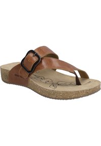 Brown leather flip-flop sandal with a single toe post and crisscross straps. Cork-textured sole with a floral design on the insole. Black buckle accent.