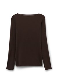 Camiseta de manga larga de color marrón oscuro con cuello redondo y textura suave, mostrada plana sobre un fondo blanco.