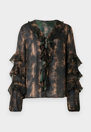 Blusa escura transparente com padrão de serpente em bronze, decote em V franzido com laços, e mangas longas em camadas com babados e punhos elásticos.