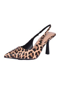 Décolleté con stampa leopardata e tacco a spillo nero. Parte superiore texturizzata con fodera interna liscia.