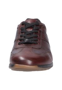 Brązowe skórzane trampki z czarnymi sznurówkami, okrągłym noskiem i gumową podeszwą. Posiadają detale przeszycia oraz logo z boku.