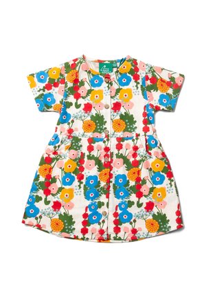 Kleid mit kurzen Ärmeln im floralen Muster, das rote, blaue, gelbe und grüne Blumen zeigt. Leichter Stoff mit Knopfverschluss vorne und zwei seitlichen Taschen.