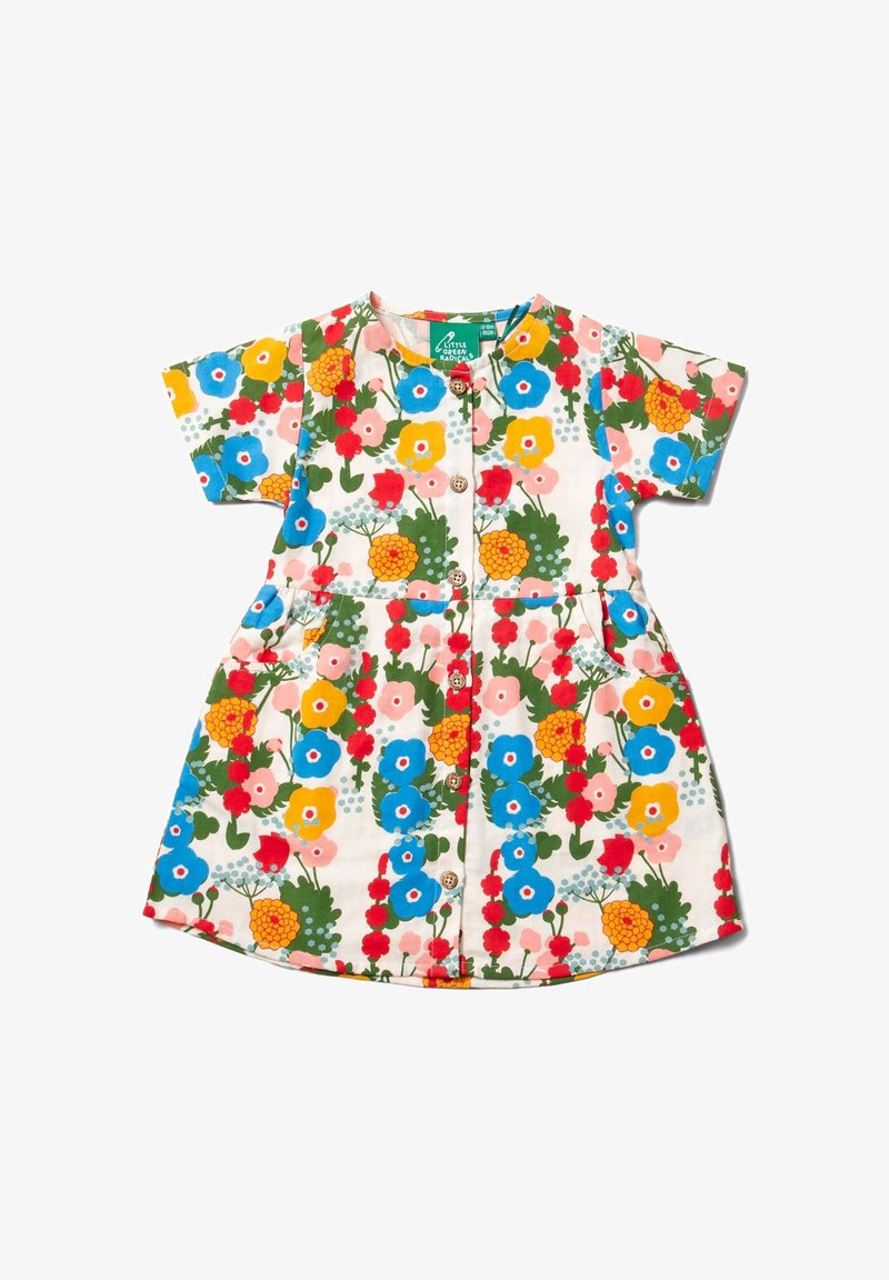 Kleid mit kurzen Ärmeln im floralen Muster, das rote, blaue, gelbe und grüne Blumen zeigt. Leichter Stoff mit Knopfverschluss vorne und zwei seitlichen Taschen.