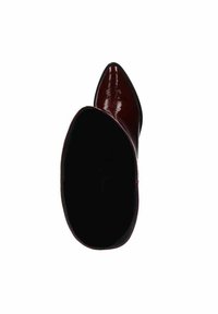 Burgundy patent leather ankle boots with a pointed toe and smooth texture. The interior is black, showcasing a snug fit and sleek design.