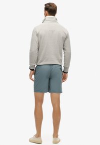 Lichtgrijze fleece pullover met een hoge kraag, gecombineerd met teal shorts. De pullover heeft een klein label op de achterkant en donkere manchetten.