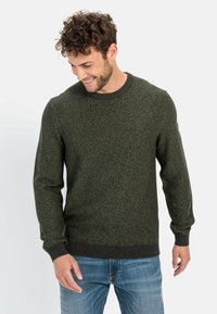 Green knitted sweater with a textured pattern, ribbed crew neck and cuffs, and a leather logo patch on the left sleeve. Worn with blue jeans.