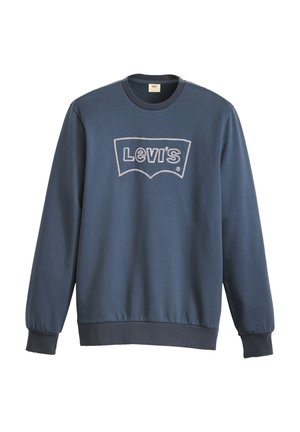 Marineblå sweatshirt lavet af bomuldsblanding, med rund hals, lange ærmer og et fremtrædende hvidt broderet Levi's-logo på fronten.