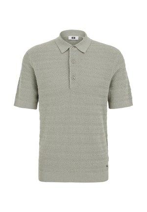 Svetlosivé polo tričko s krátkym rukávom, s textúrovaným vzorom cik-cak pletenia a tromi gombíkmi na prednej légii.