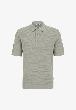 Hellgraues Poloshirt mit kurzen Ärmeln, strukturiertem Zickzack-Strickmuster und drei Knöpfen an der vorderen Knopfleiste.