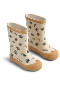 Krém színű gyerek esőcsizmák barna talppal, kék virágokkal, szörfdeszkákkal és lakóautó mintákkal díszítve.