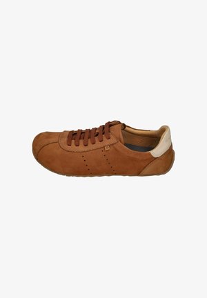 Brown suede casual sneaker with brown laces, perforated details on sides, and beige heel tab, shown from the outer side.
