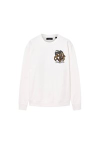 Sweatshirt en coton blanc avec un design graphique noir et doré portant le texte "ALLSAINTS" en dessous. Encolure ronde et manches longues.